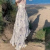 MEIPIN24ss Blue Lin-dyed chiffon halter, floral backless long dress, floor-length dress, vacation dress design sense Specification image